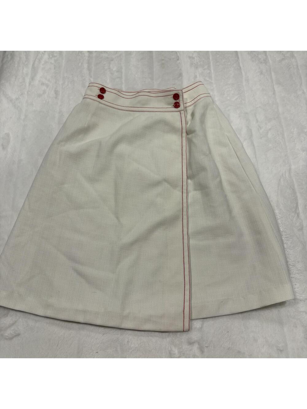 Vintage Cream Nautical 90s A-Line Skirt Size S Cotton Blend Red Stitching